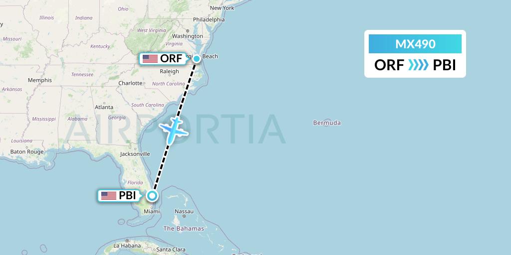 MX490 Breeze Airways Flight Map: Norfolk to West Palm Beach