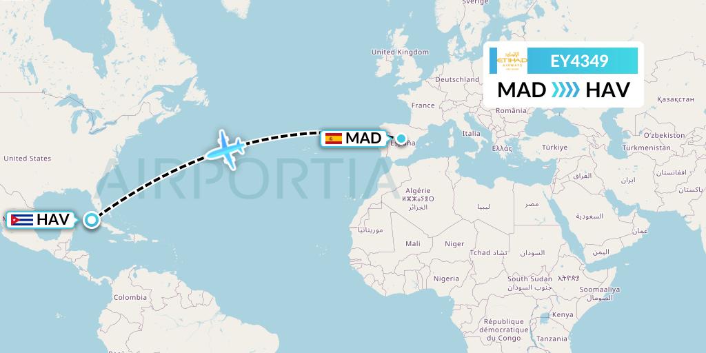 EY4349 Etihad Airways Flight Map: Madrid to Havana