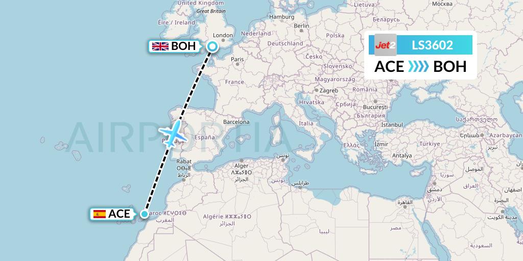 LS3602 Jet2 Flight Map: Lanzarote to Bournemouth