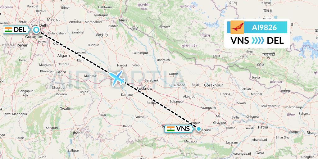AI9826 Air India Flight Map: Varanasi to Delhi