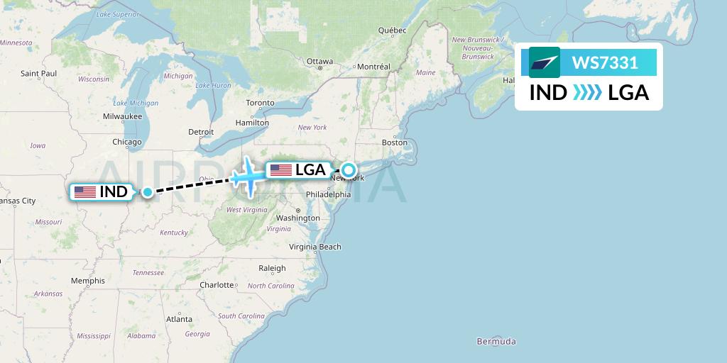 WS7331 WestJet Flight Map: Indianapolis to New York