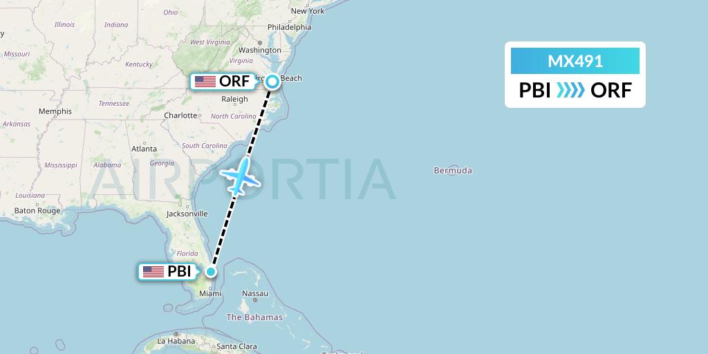 MX491 Breeze Airways Flight Map: West Palm Beach to Norfolk