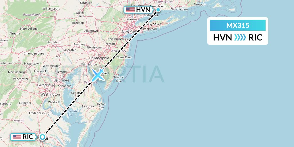 MX315 Breeze Airways Flight Map: New Haven to Richmond