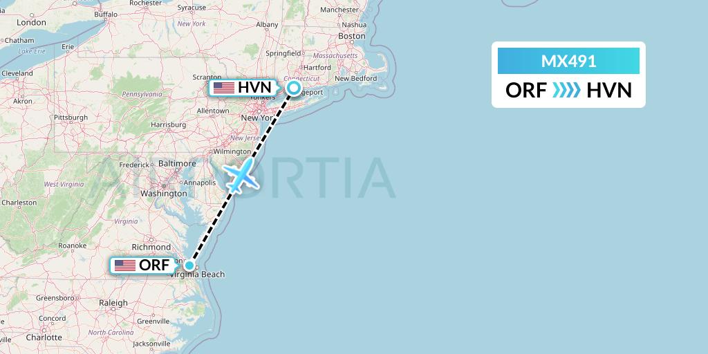 MX491 Breeze Airways Flight Map: Norfolk to New Haven
