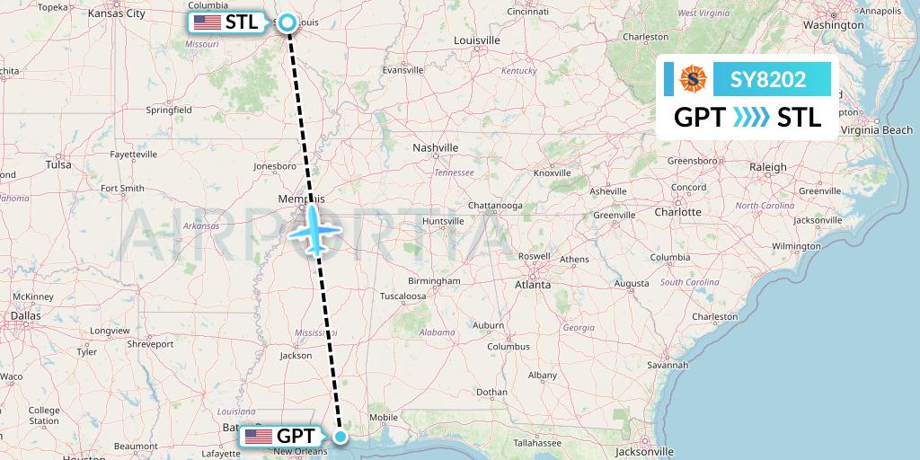 SY8202 Sun Country Airlines Flight Map: Gulfport to St. Louis
