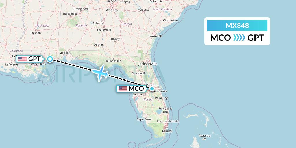 MX848 Breeze Airways Flight Map: Orlando to Gulfport