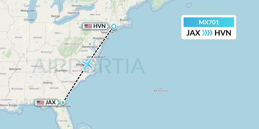 MX701 Breeze Airways Flight Map: Jacksonville to New Haven