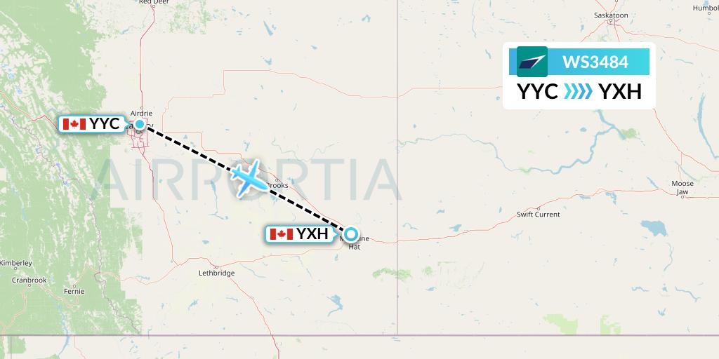 WS3484 WestJet Flight Map: Calgary to Medicine Hat