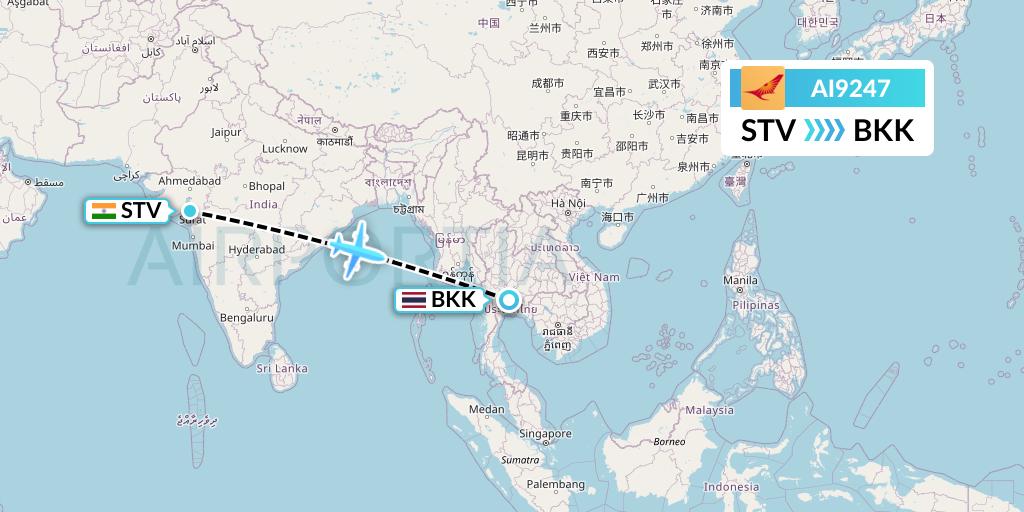 AI9247 Air India Flight Map: Surat to Bangkok