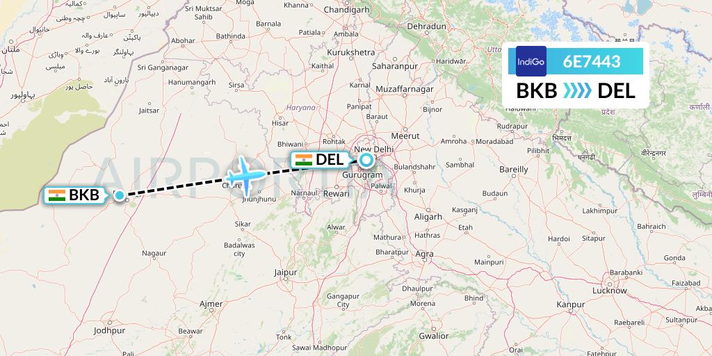 6E7443 IndiGo Airlines Flight Map: Bikaner to Delhi