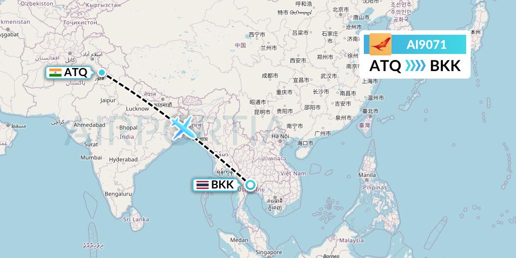 AI9071 Air India Flight Map: Amritsar to Bangkok