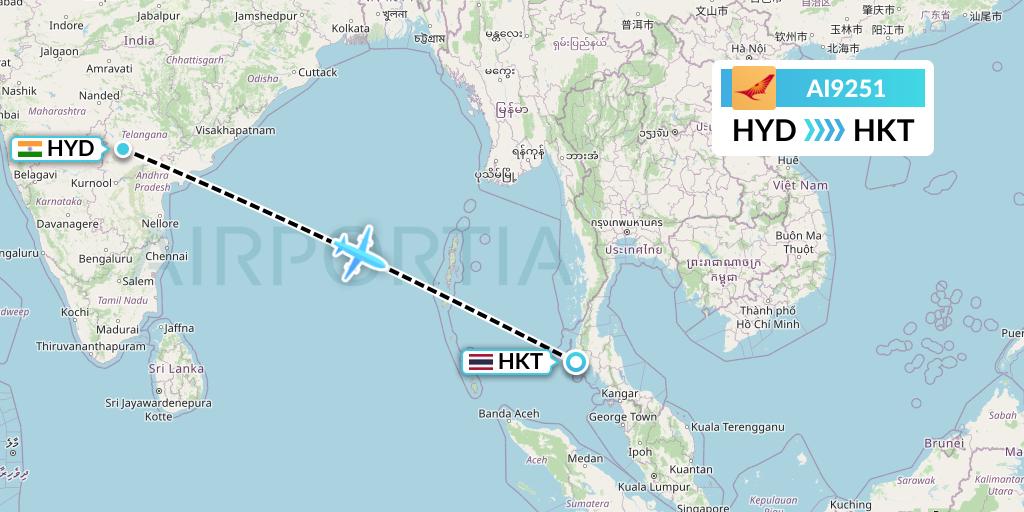 AI9251 Air India Flight Map: Hyderabad to Phuket