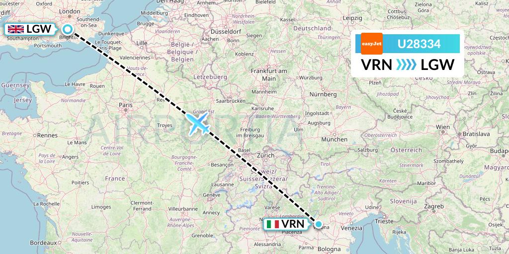 U28334 EasyJet Flight Map: Verona to London