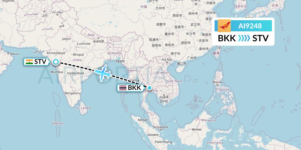 AI9248 Air India Flight Map: Bangkok to Surat