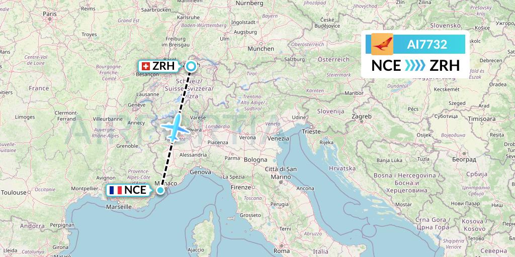 AI7732 Air India Flight Map: Nice to Zurich