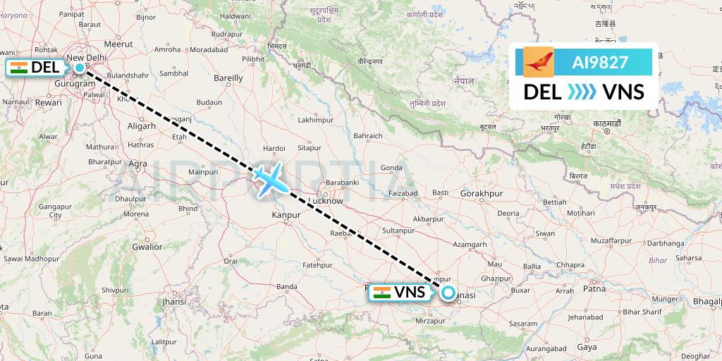 AI9827 Air India Flight Map: Delhi to Varanasi