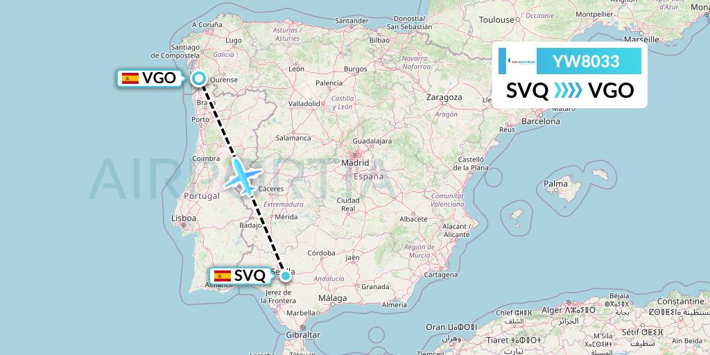 YW8033 Air Nostrum Flight Map: Seville to Vigo