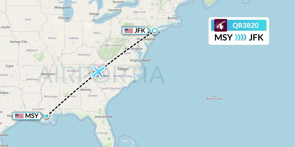 QR3820 Qatar Airways Flight Map: New Orleans to New York
