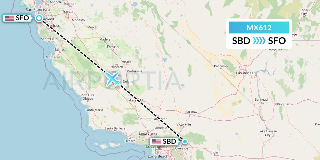 MX612 Breeze Airways Flight Map: San Bernardino to San Francisco