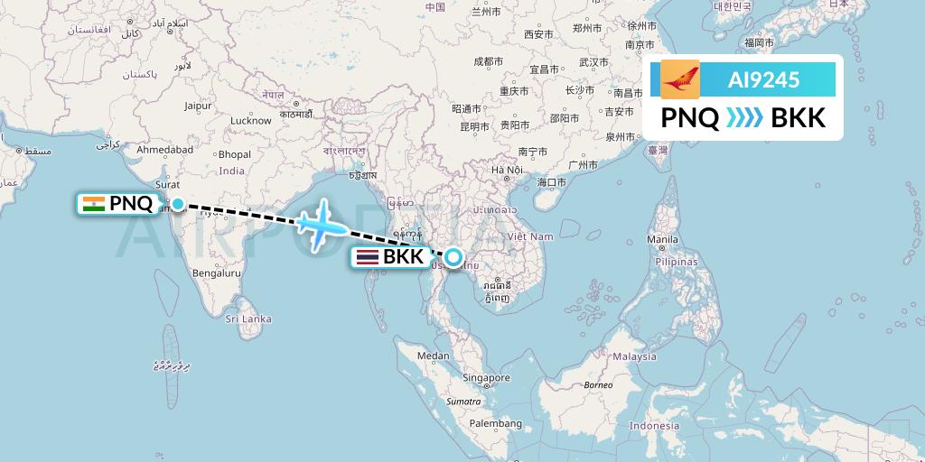 AI9245 Air India Flight Map: Pune to Bangkok