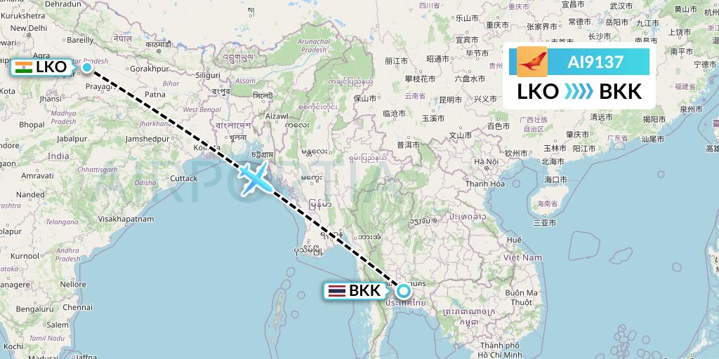 AI9137 Air India Flight Map: Lucknow to Bangkok