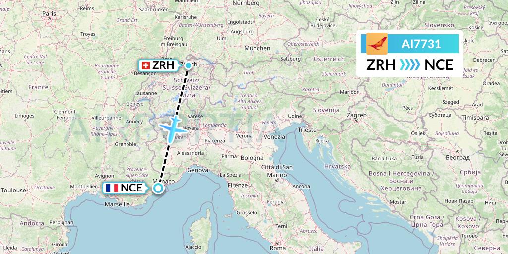 AI7731 Air India Flight Map: Zurich to Nice