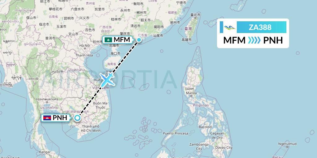 ZA388 Sky Angkor Airlines Flight Map: Macau to Phnom Penh
