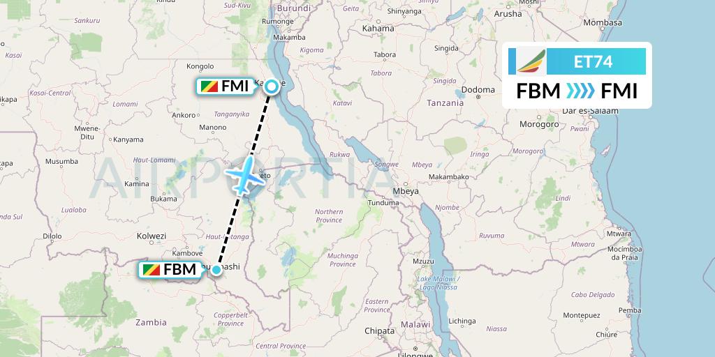 ET74 Ethiopian Airlines Flight Map: Lubumbashi to Congo
