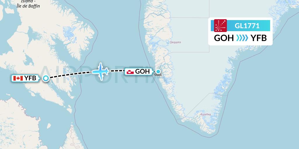 GL1771 Air Greenland Flight Map: Nuuk to Iqaluit