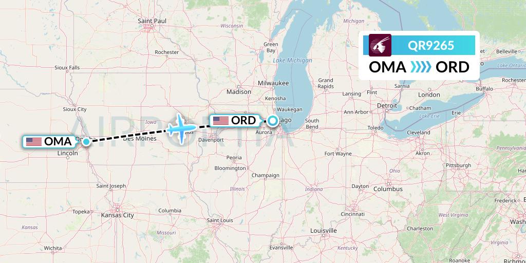QR9265 Qatar Airways Flight Map: Omaha to Chicago