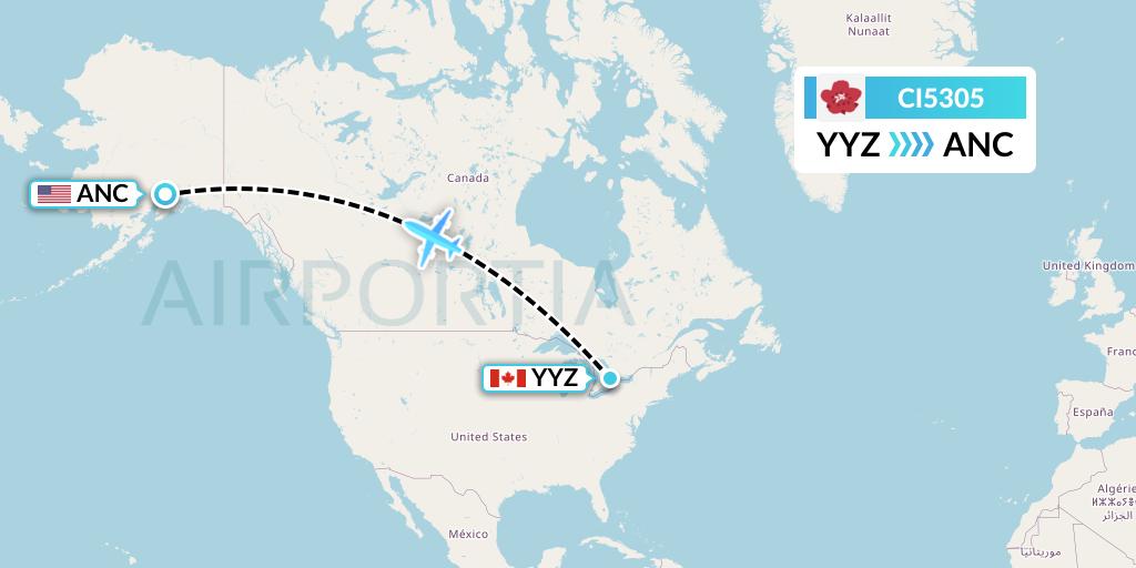 CI5305 China Airlines Flight Map: Toronto to Anchorage