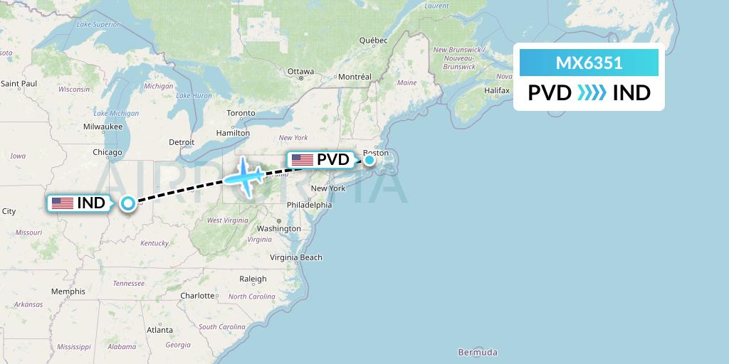 MX6351 Breeze Airways Flight Map: Providence to Indianapolis