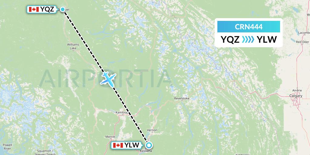 CRN444 Aerocaribbean Flight Map: Quesnel to Kelowna