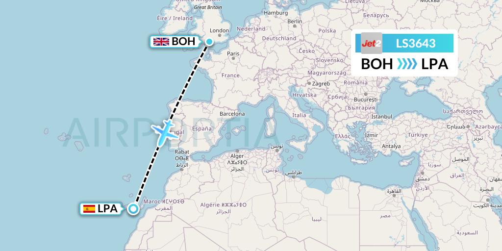 LS3643 Jet2 Flight Map: Bournemouth to Las Palmas
