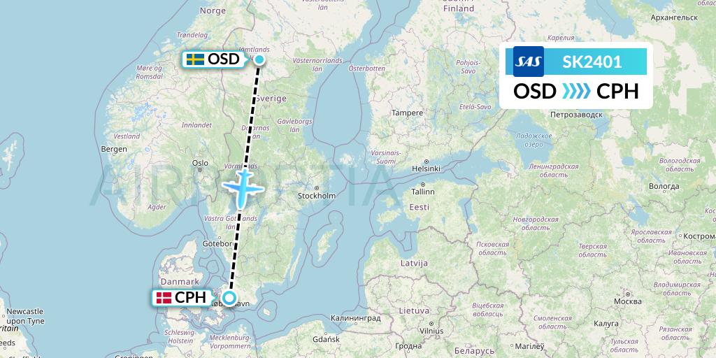 SK2401 SAS Flight Map: Ostersund to Copenhagen