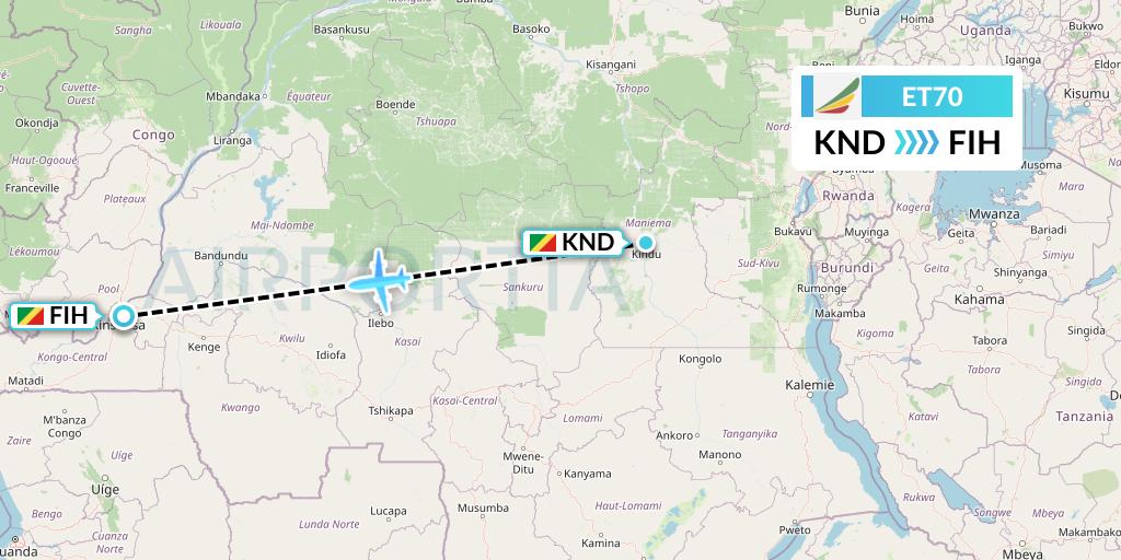 ET70 Ethiopian Airlines Flight Map: Kindu to Kinshasa
