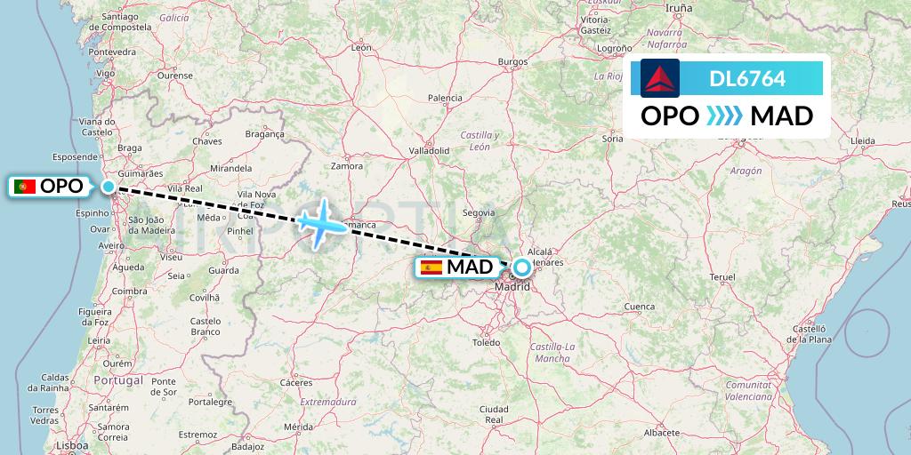 DL6764 Delta Air Lines Flight Map: Porto to Madrid