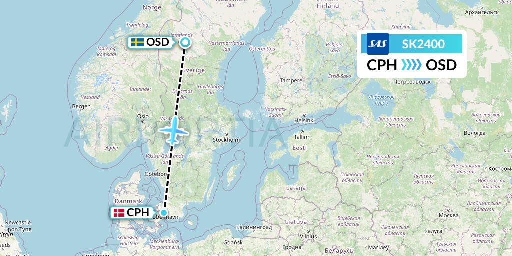SK2400 SAS Flight Map: Copenhagen to Ostersund