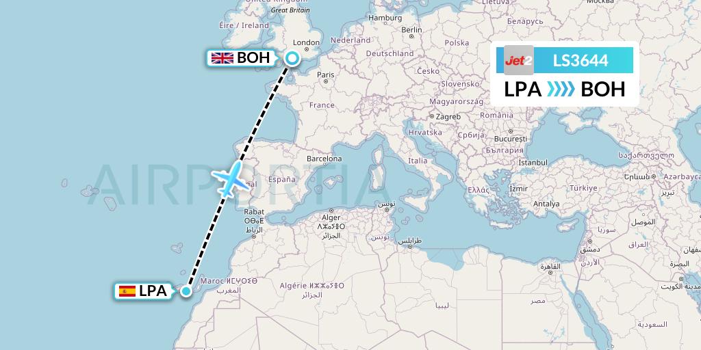 LS3644 Jet2 Flight Map: Las Palmas to Bournemouth
