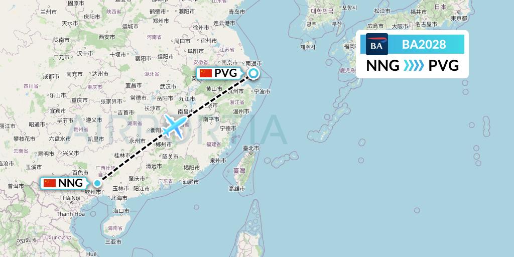 BA2028 British Airways Flight Map: Nanning to Shanghai