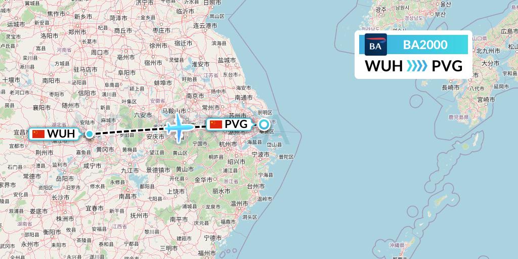 BA2000 British Airways Flight Map: Wuhan to Shanghai
