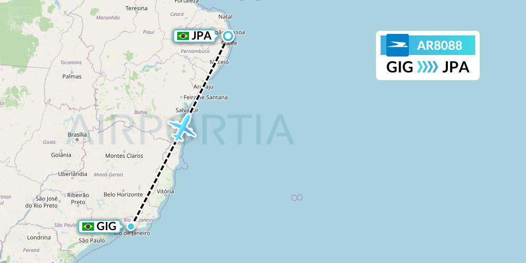 AR8088 Aerolineas Argentinas Flight Map: Rio de Janeiro to Joao Pessoa