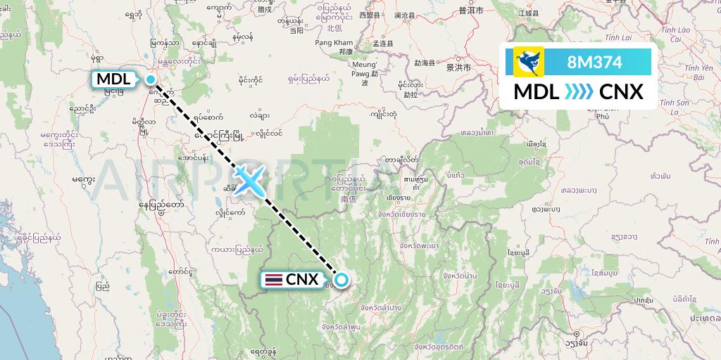 8M374 Myanmar Airways International Flight Map: Mandalay to Chiang Mai