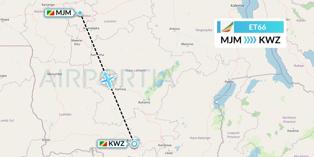 ET66 Ethiopian Airlines Flight Map: Mbuji Mayi to Congo