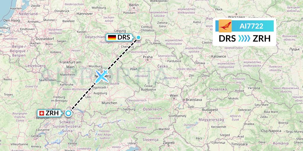 AI7722 Air India Flight Map: Dresden to Zurich