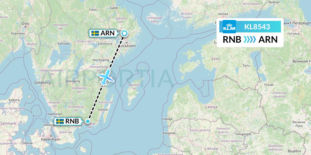 KL8543 KLM Flight Map: Ronneby to Stockholm