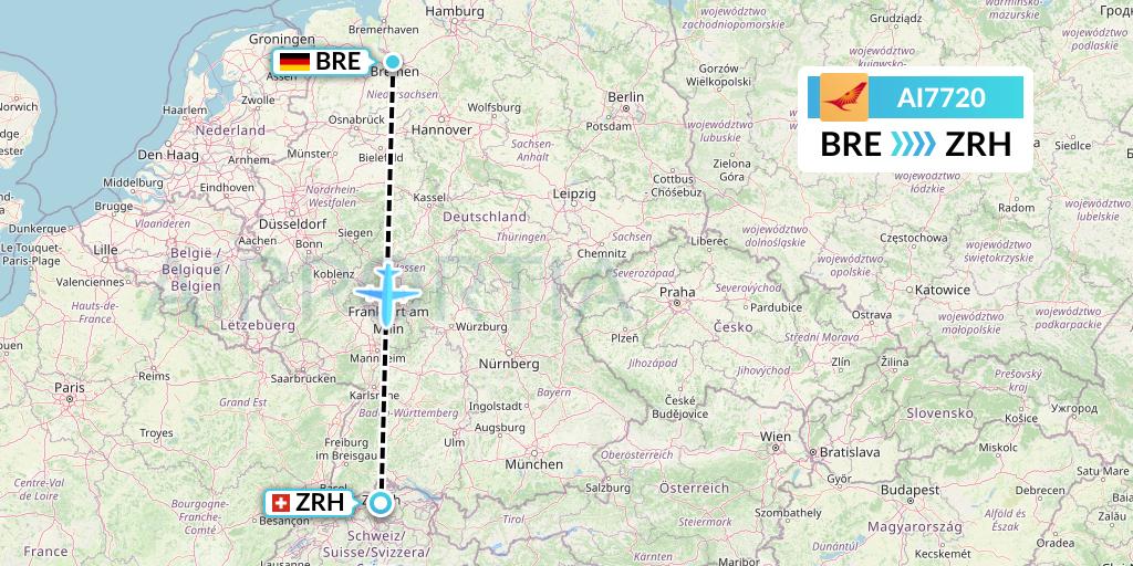 AI7720 Air India Flight Map: Bremen to Zurich