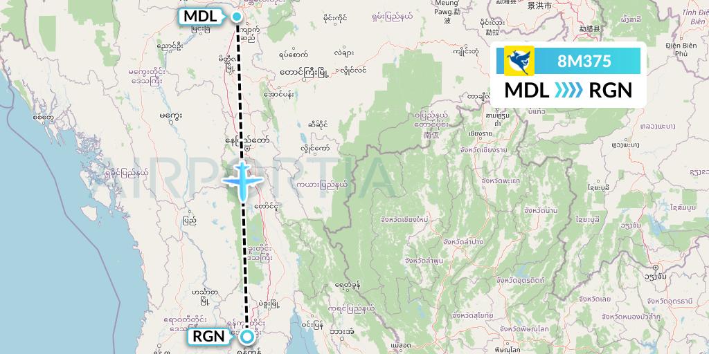 8M375 Myanmar Airways International Flight Map: Mandalay to Yangon
