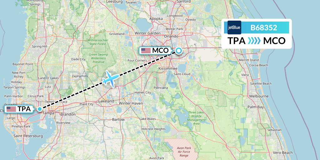 B68352 JetBlue Airways Flight Map: Tampa to Orlando
