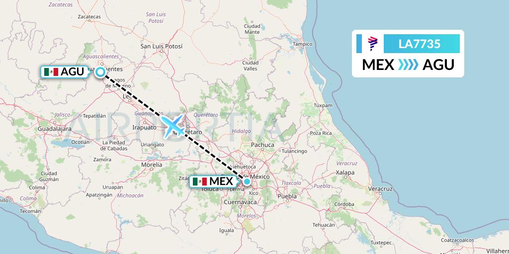 LA7735 LAN Airlines Flight Map: Mexico City to Aguascalientes